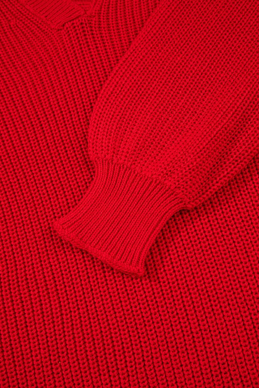 Premium Racing Red Solid Textured Knit V Neck Drop Shoulder Sweater Dear-Lover Dropshipping